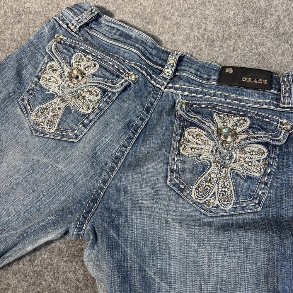 Grace in LA Bootcut Jeans Women's Size 13/30 Crystal Button Light Wash‎ Denim
